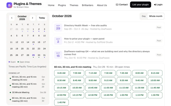 The Events Calendar, whole month: your Events posts and open times, day by day