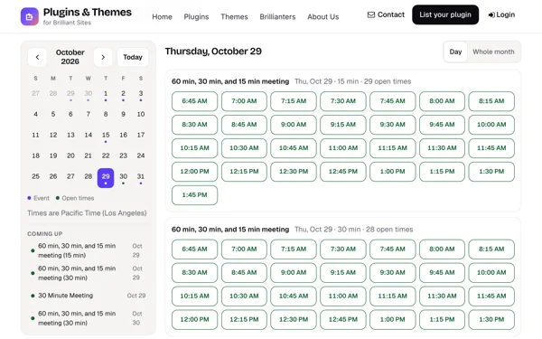 One day: every open time of each booking type. Pick a time to book it