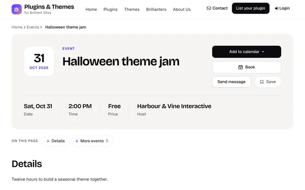Una publicación de Events: Book bajo Add to calendar abre la agenda de tu propia herramienta de reservas